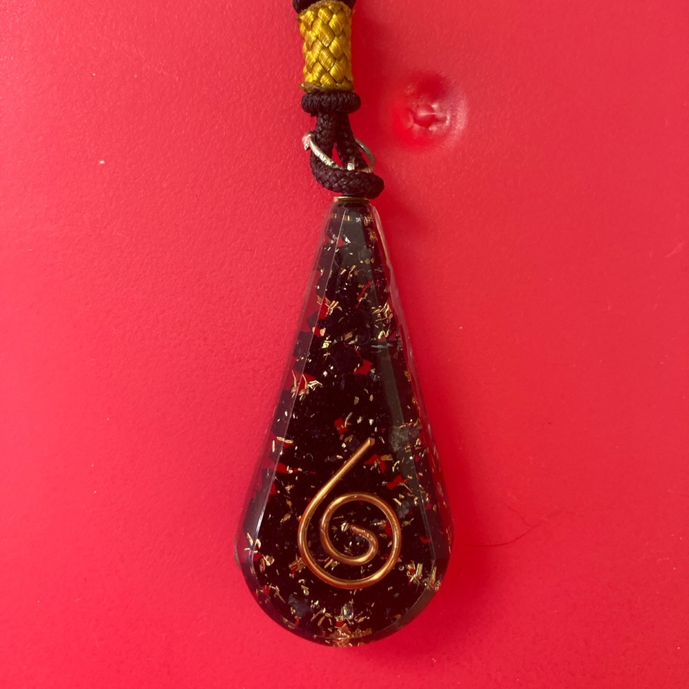 Black Onyx Stones in Resin Pendant on Black Cord Necklace